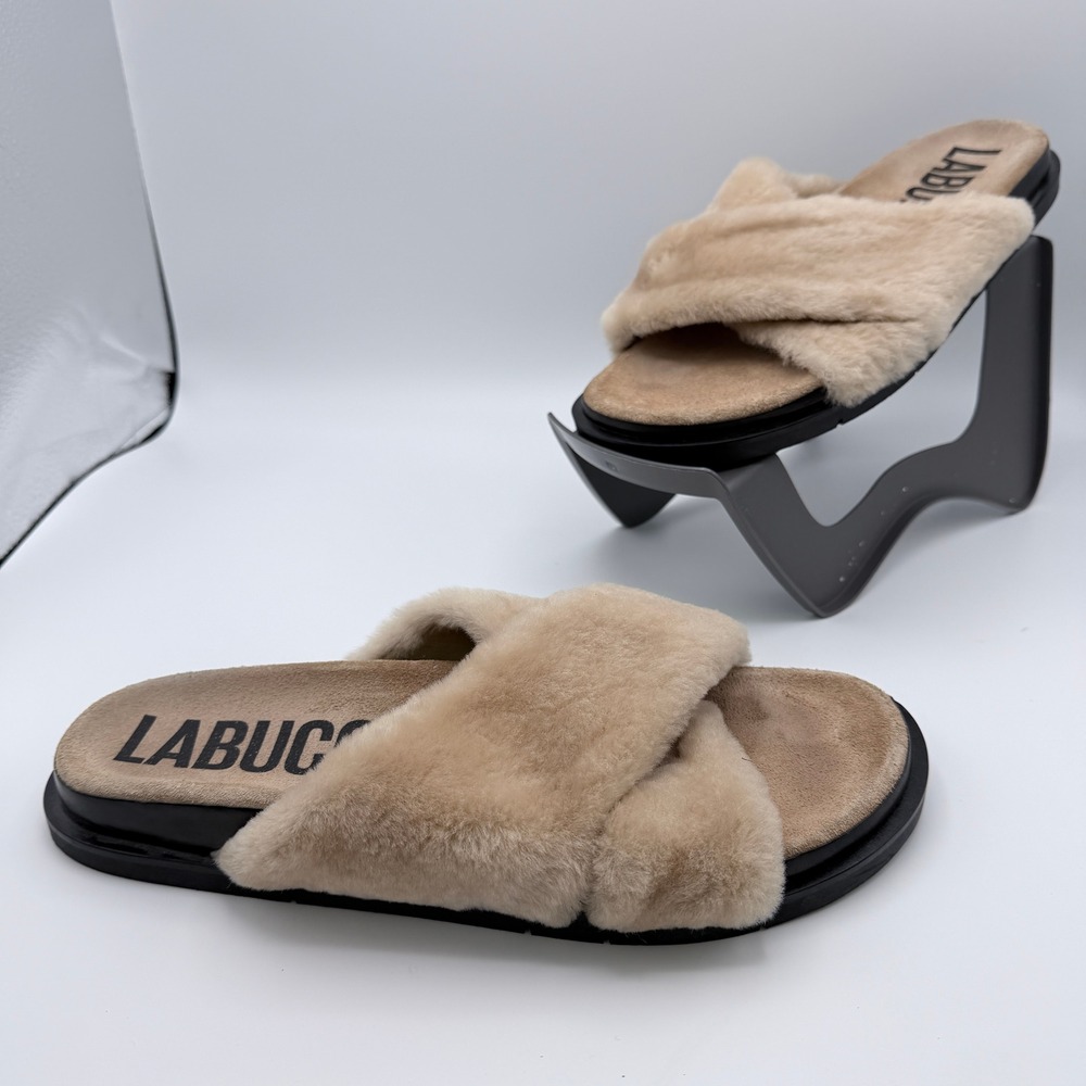 Labucq Tan Shearling Crisscross Slide Sandals Made in Italy Size 42 Women EU